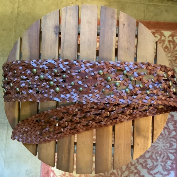Another Line Inc Leather Wide Woven Braided Studded Belt Chestnut SZ L - Picture 6 of 7
